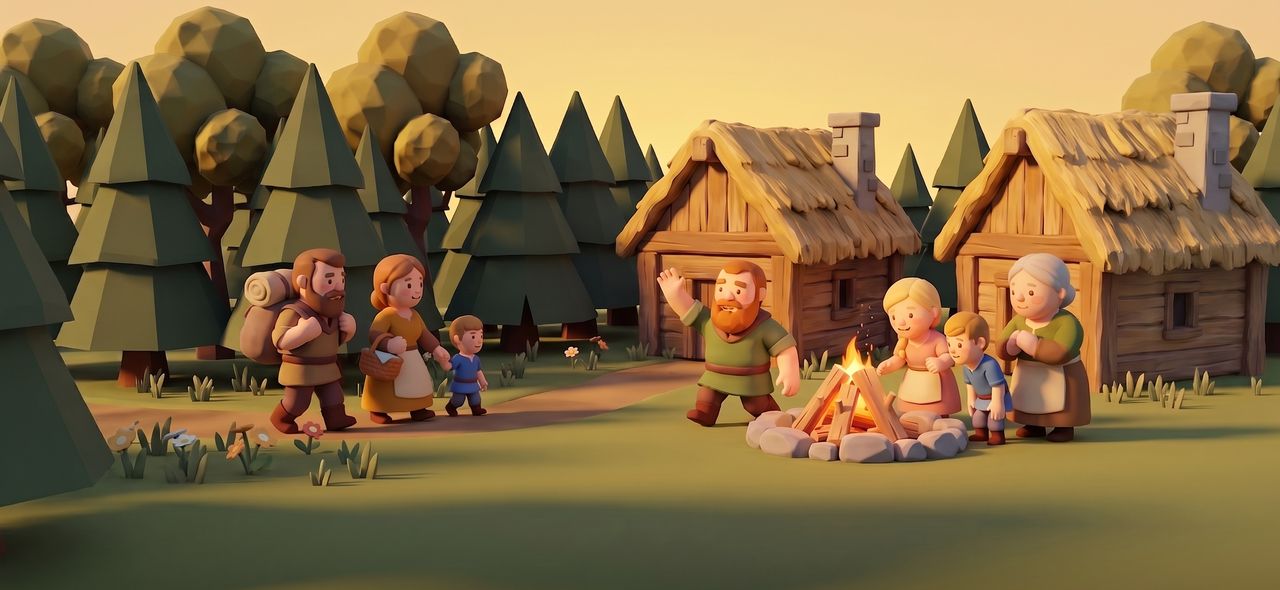 A family of newcomers with packs and a basket walks up the path past two thatched cabins, and at the camp fire the bearded settler waves them in.