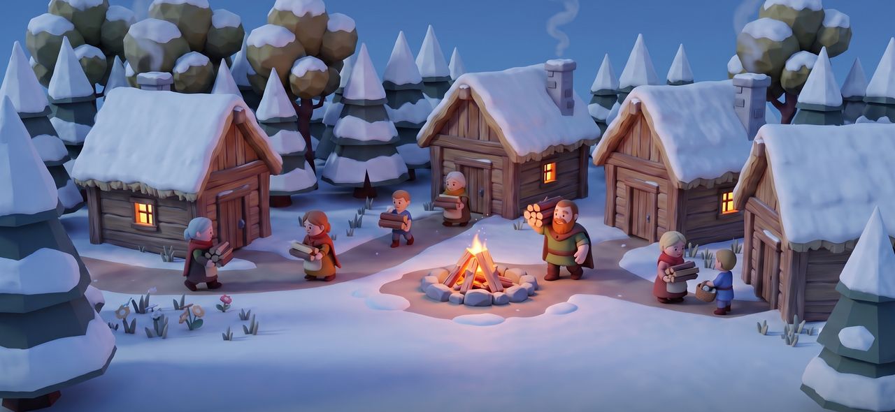 The village under snow at dusk: villagers carry firewood between log cabins with lit windows, round the camp fire.